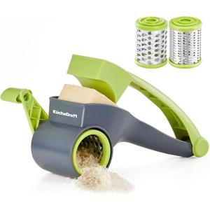Cheese Grater with Handle, Kitchen Parmesan Cheese Grater with 2 Stainless Steel Drums, Rotary Cheese Grater Handheld for Grating and Shredding Hard Cheese, Chocolate, Medium, Green