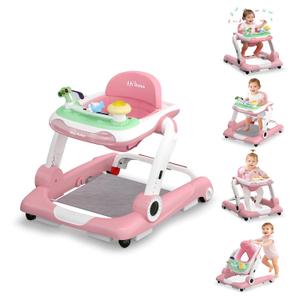 Baby Walker with Wheels, 5 in 1 Walker for Baby Boy Girl 6-12 Months with Bouncer, Music and Lights Baby Jumper Activity Center, Adjustable Height Speed, Push Walker for Ages 6-18 Months Toddler, Pink