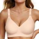 OEAK Womens Seamless Bras Jelly Comfortable Bra No Underwire Full Support Bra Push Up Plus Size V Neck Sleeping Tshirt Bras (Large, Nude)