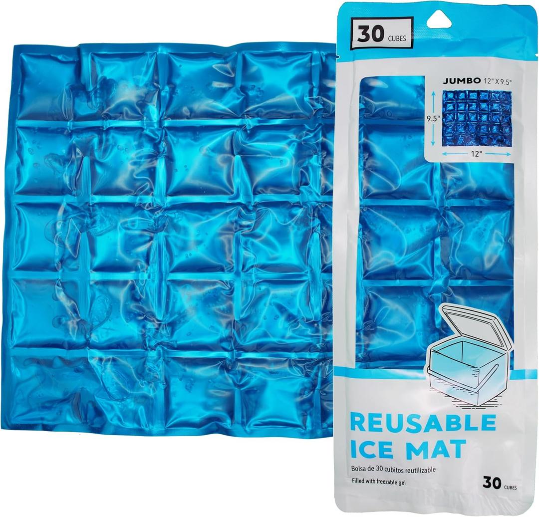 Jacent Reusable Ice Pack Mat, Flexible 30-Cube Gel Freezer Sheet for Coolers, Lunch Bags, Food Storage & Outdoor Use, Jumbo 12 x 9.5 Inch