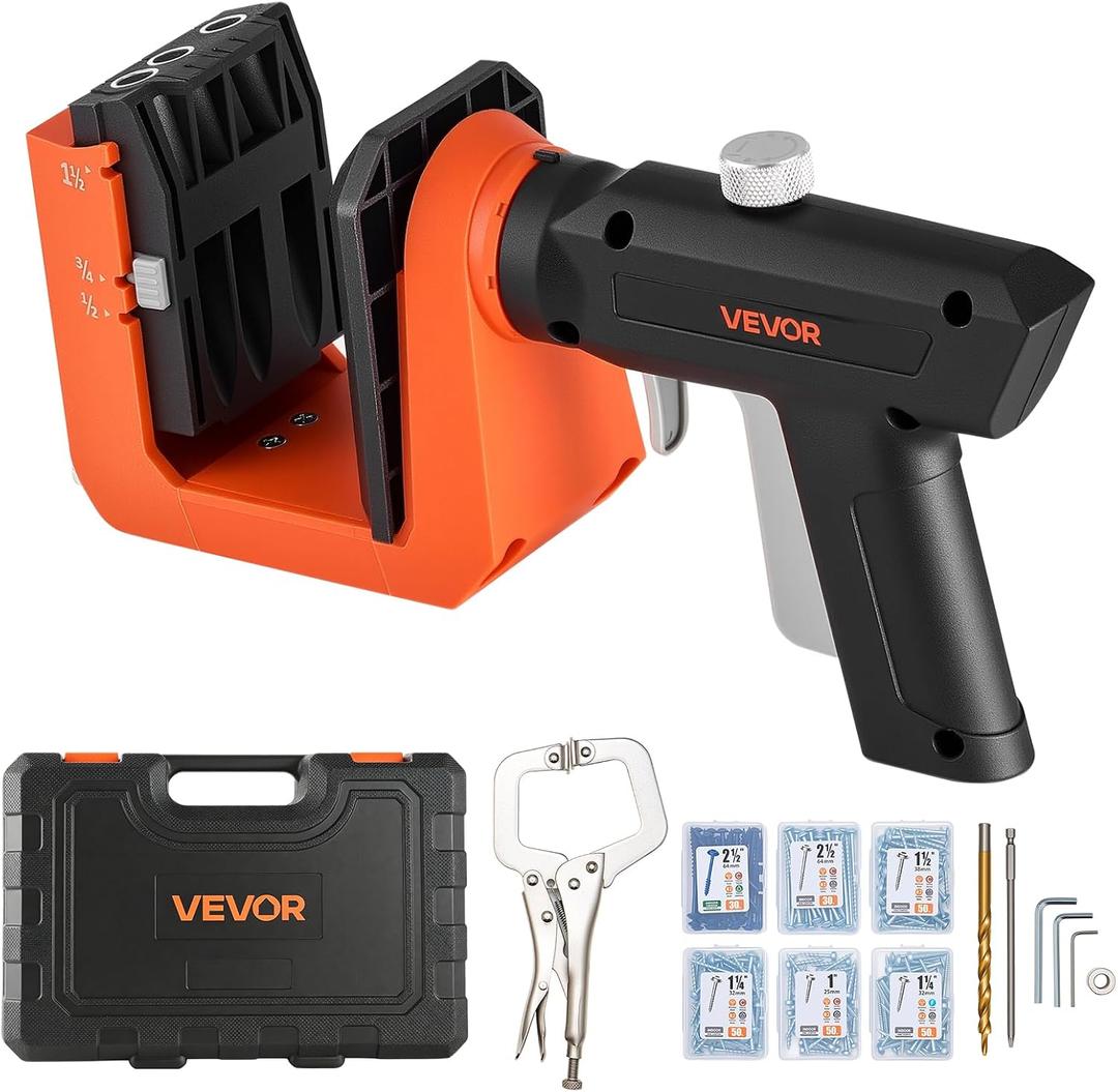 VEVOR Pocket Hole Jig Kit, 1/2", 3/4", 1-1/2" Adjustable, 360 Rotating Handle, Jig Pocket Hole System with 260 Screws, C-Clamp, Stop Collar, Drill Bit, Easy Clamping and Adjusting, for Woodworking
