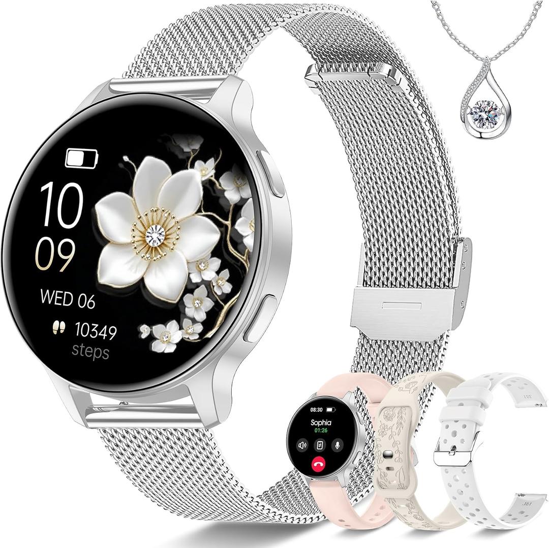 Smart Watch for Women, 1.27" HD Fitness Tracker with 4 Bands & Necklace Gift Set, Heart Rate SpO2 Sleep Monitor, 120+ Sport Modes, Call & Notifications, Smartwatch for Android iPhone, 40mm Silver