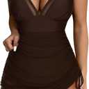 SUUKSESS Women Mesh One Piece Swim Dress Swimsuit Tummy Control Bathing Suit (Brown, XL)