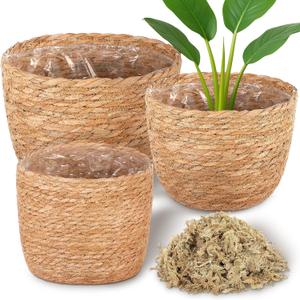 Knitgrip 3 Pack Seagrass Plant Basket Indoor with Artificial Moss Woven Baskets Flower Pots Planters for Home Decor