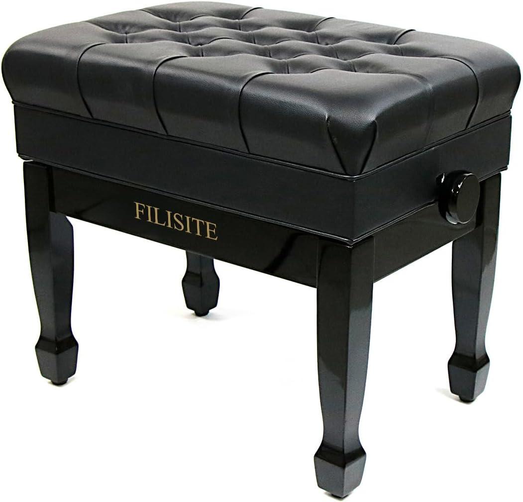 Genuine Leather Adjustable Piano Bench with Storage Compartment, Heavy Duty Solid Wooden Keyboard Stool with Padded Cushion Seat (Black), 15.7 X 25.6 X 19.3 Inches