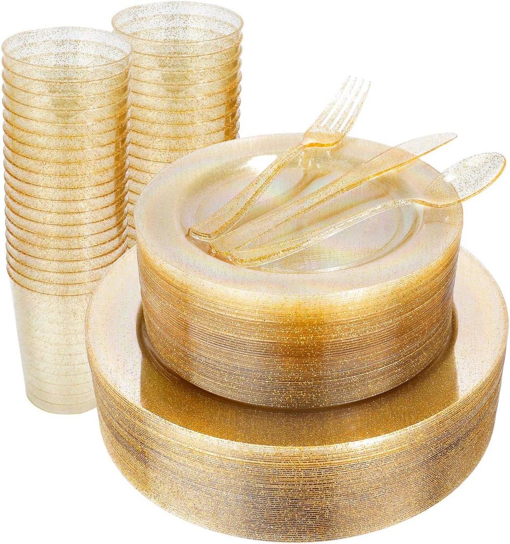 WELLIFE 300PCS Gold Glitter Plastic Plates, Gold Plastic Dinnerware Includes: 50 Dinner and 50 Dessert Plates, 150 Cutlery, 50 Cups for Party
