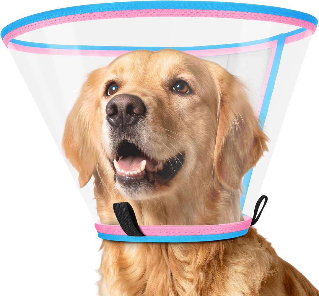 Soft Dog Cone Collar for Dogs After Surgery, Transparent Cone for Dogs to Stop Licking, Breathable Dog Neck Cone for Small Medium Large Dog, Adjustable Elizabethan Pet Recovery Collar (Pink, Size 3)