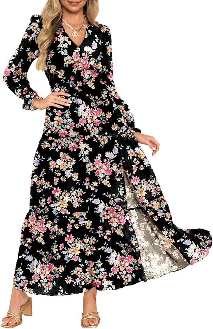 Dokotoo Women's Boho Maxi Dress Sexy V Neck Puff Long Sleeve Ruffle A-Line Split Swing Chiffon Dresses, M