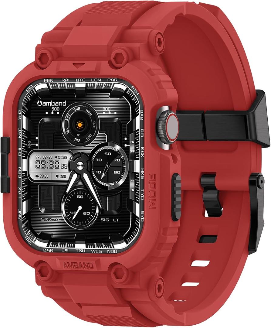 amBand Bands Compatible with Apple Watch 9/8/7 45mm, M1 Sport Series Rugged Case with TPU Strap Military Protective Tough Cover Bumper for iWatch SE3/SE2/SE/6/5/4 44mm Men Red
