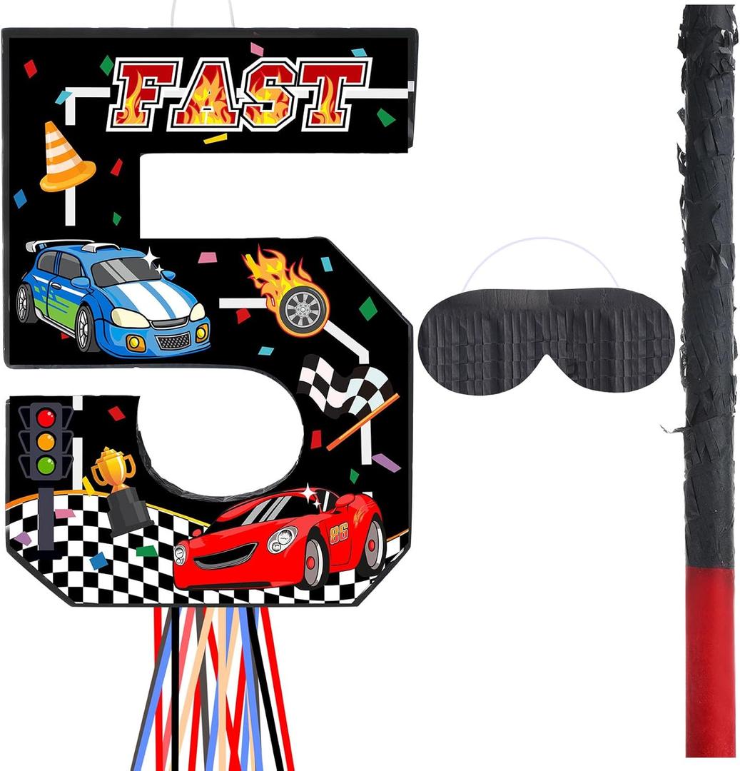 Race Car Piata Pull String Cars Piatas for Birthday Party Decorations Number 2 3 4 5 6 with Blindfold Stick Small Red Black Racing Theme 2nd 3rd 4th 5th 6th Party Supplies, (Number 5)