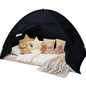 Sumbababy Twin Size Bed Canopy: Lights & Flags Indoor Floor Bed Kids Tent Playhouse - Portable & Foldable Twin Bunk Curtains - Girls & Boys Bedroom Privacy Space Blackout Tents Slumber Gifts (Black) (75x40x46"(Suggested for Twin))
