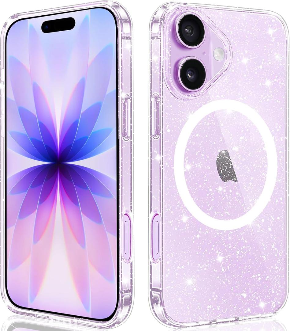 Designed for iPhone 17 Case Glitter Magnetic, Compatible with Wireless Charging, Sparkly Anti-Scratch Back Shockproof Slim Thin Phone Cases Cover for Women (Clear)