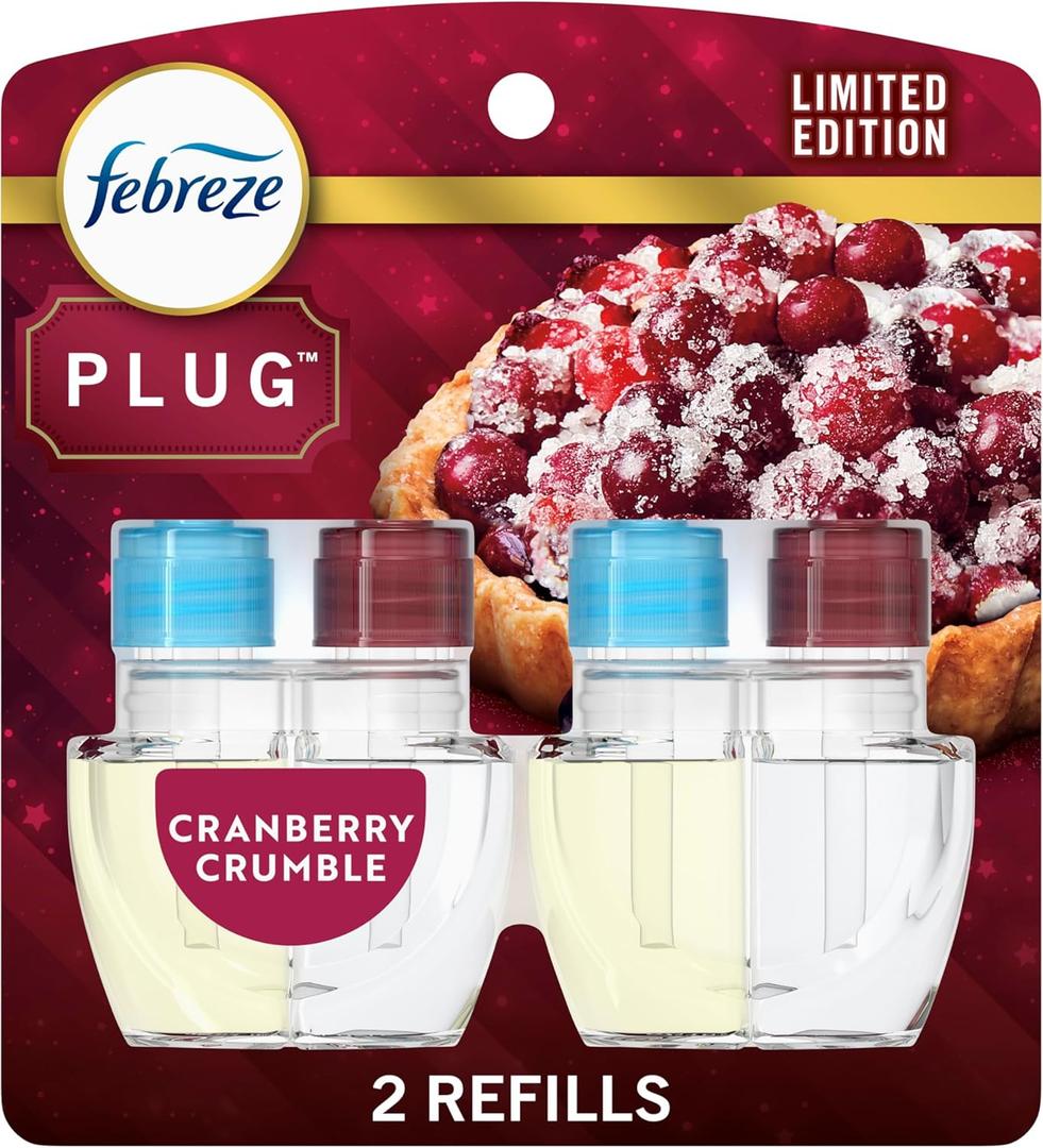 Febreze Plug In Air Freshener, Odor-Fighting Scented Oil Refill, Air Fresheners for Home and Bathroom and Kitchen, Long Lasting for Strong Odors, Cranberry Crumble Scent, 0.87oz Refills, 2 Count