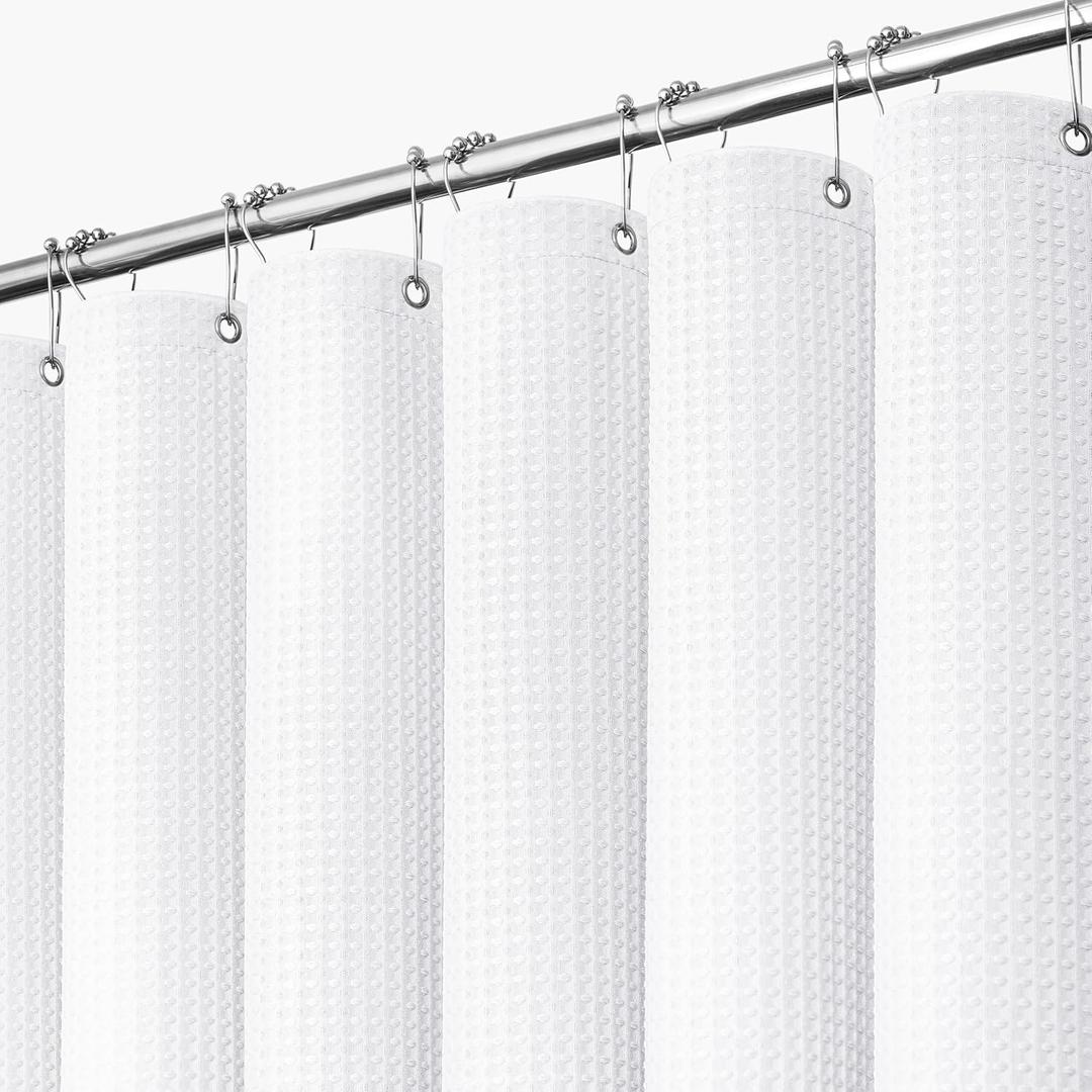 Dynamene White Fabric Shower Curtain, Waffle Weave Heavy Duty Thick Fabric Shower Curtains for Bathroom, 256GSM Weighted Hotel Luxury Cloth Shower Curtain Set with 12 Plastic Hooks, 72Wx72H, White