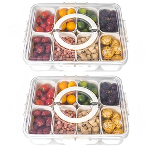 Dingerjar Divided Serving Tray with Lid and Handle - Divided Snack Tray for Portable Snack Platters - Clear Organizer for Candy, Fruits, Nuts, Snacks - Perfect for Party, Entertaining，2 pcs