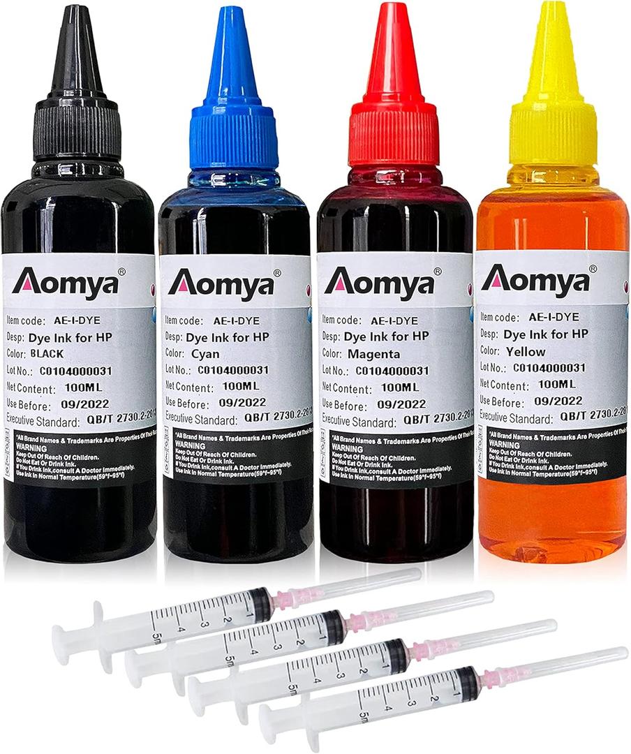 Aomya Ink Refill Kit 100ml for HP 67 61 65 60 62 63 910 920 901 902 932 933 934 940 952 94 95 96 Inkjet Printer Cartridges Refillable Ink Cartridges CIS CISS System 4 Color Set with 4 Syringes