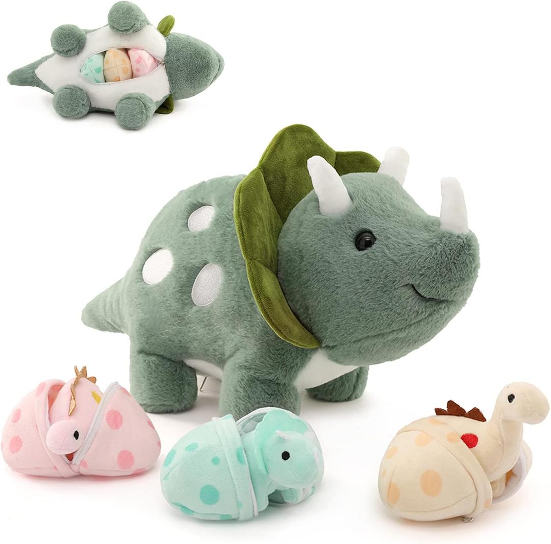 17.6in Plush Dinosaur Stuffed Animals, A Mommy Dinosaur with 3 Baby Dinosaurs, Triceratops, Stegosaurus, and Diplodocus