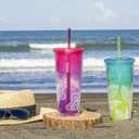bzyoo SIP 24oz (710ml) Double Wall Plastic Tumbler with Lid and Straw Cold Drink Travel Mug Reusable Party Cup Perfect for Office Ice Coffee or Tea and Gift Color: Pink & Purple