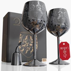 Mothers Day Gift for Mom Set of 2 glossy black Stainless Steel Wine Glasses, 17oz Engraved Goblets with Bottle Stopper, Unbreakable Elegant Wine Cups, Gift for Women, Wife, Mom, Sister