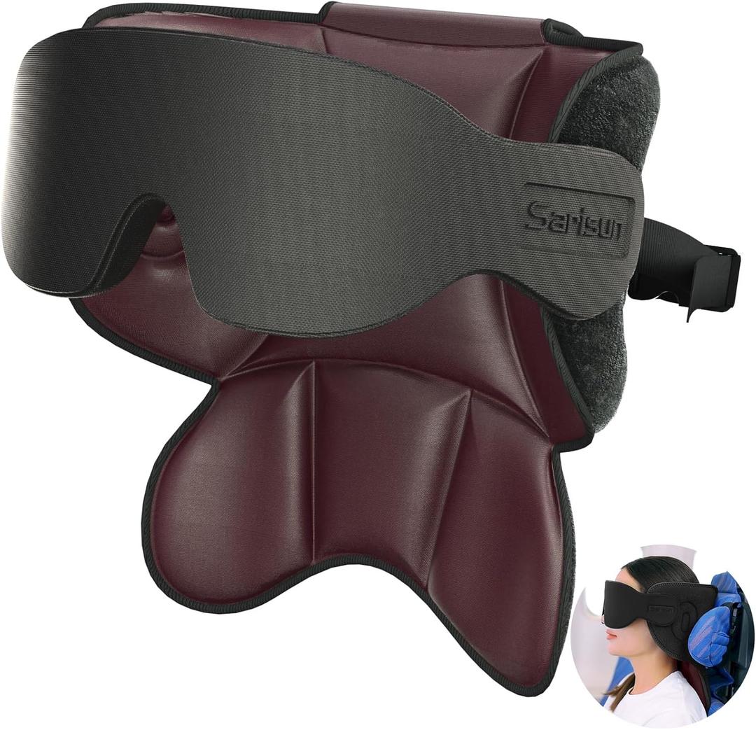 SARISUN Travel Pillows for Airplanes, Airplane Pillow with Sleep Eye Mask, 360 Support Headrest, Travel Essentials, Adjustable Airplane Head Strap for with/Out Headrest Seat, Brown Red