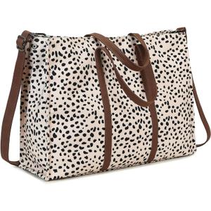 Laptop Tote Bag for Women Work 15.6 inch Canvas Shoulder Bags Computer Messenger Purse Teacher Handbag Office Briefcase (A-leopard - Apricot)