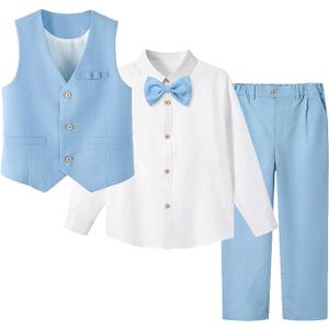 Boys Linen Suit Dress Clothes Kids Graduation Wedding Outfit 4 Piece Shirt Vest Pants Set with Bow Tie Size 90