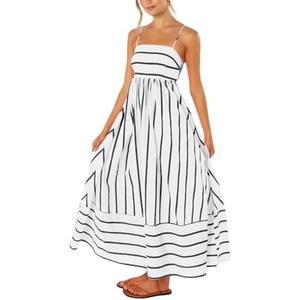 chouyatou Women's Striped Back Smocked Maxi Dress Sexy Spaghetti Strap Cut Out Flowy Swing Long Dress L