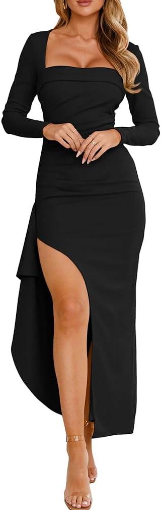 XXTAXN Womens Formal Bodycon Square Neck Long Sleeve Wedding Guest Party Slip Fitted Midi Dress (Black, S)