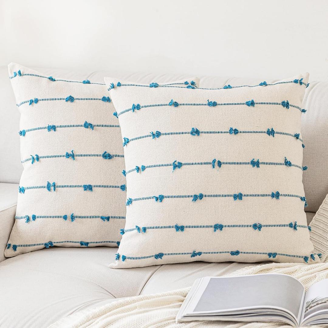 YEENAASY Boho Throw Pillow Covers 20x20 Set of 2 Modern Farmhouse Decorative Cushion Case Tufted Linen Square Pillows Cover Neutral Pillow Cases Accent Pillowcase for Sofa,Couch,Bed,Beige and Blue