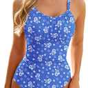 Century Star Tummy Control One Piece Swimsuit for Women Vintage Bathing Suits Ruched Swimwear (Small, Blue Floral Fragments)