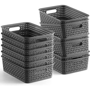 [ 12 Pack ] Plastic Storage Baskets - Small Pantry Organization and Storage Bins - Household Organizers for Laundry Room, Bathrooms, Bedrooms, Kitchens, Cabinets, Countertops, Under Sink or On Shelve (Gray)