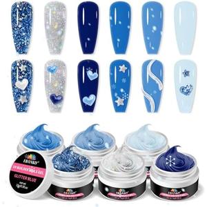 EABNKU Solid Builder Gel Kit, 5 Colors Blue Collection Glitter, Non Sticky Nail Extension & Sculpting Gel, 3D Molding, 15g*6 (3 OZ)