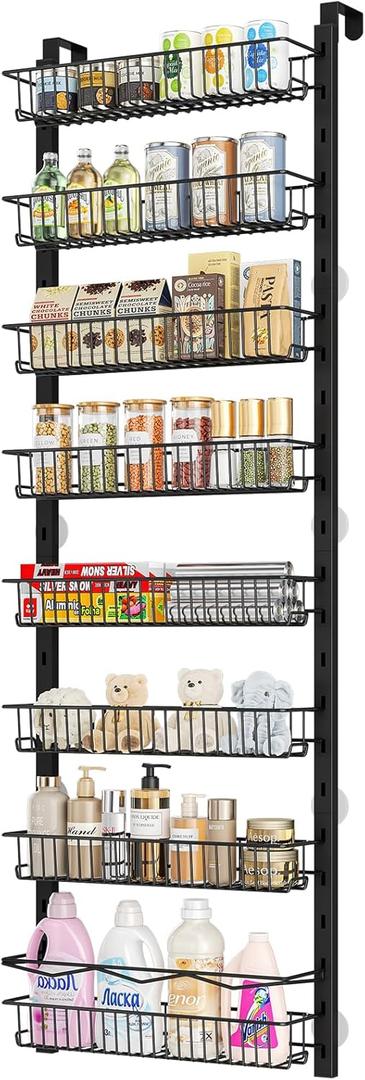 MIAOLI Over the Door Pantry Organizer, 8-Tier Adjustable Spice Rack Cabinet Door Shelves, Hanging Seasoning Organizer for Kitchen Bathroom, Laundry Room Organization, Black