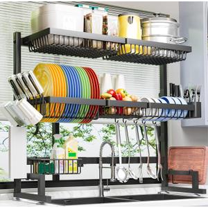 ADBIU Over The Sink Dish Drying Rack (Expandable Height and Length) Snap-On Design 2 Tier Large Dish Rack 31-39.4L x 12W x 34-38H inches (Black)