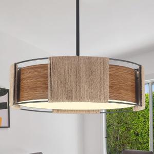19.7'' Rattan Chandelier, 4-Light 2-Layer Shade Chandelier Rustic Rattan and Metal Wood Grain Round Pendant Kitchen Island Lighting Hanging Drum Chandeliers for Dining Room Foyer Entryway Living Room