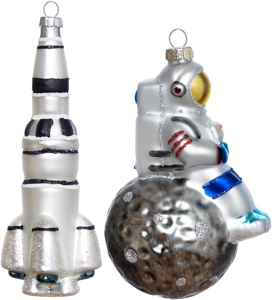 Set of 2 Hand Blown Glass Rocket Ornament and Astronaut on Moon Ornament for Christmas Tree