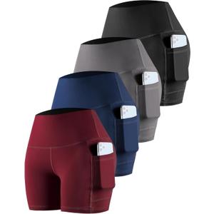 CHRLEISURE 4 Packs Spandex Yoga Shorts with Pockets for Women, High Waisted Workout Booty Shorts (5'' Black, Gray, Navy, Wine, M)