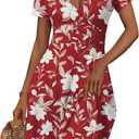 MSBASIC Womens Summer Wrap V Neck Casual Dresses Floral Short Sleeve A-Line Midi Sundress (Red, M)