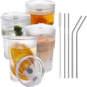 16 OZ Iced Coffee Cups with Lids and Straws Set of 4, Unbreakable Plastic Drinking Glasses Reusable Iced Coffee Glass to Go Cup for Iced Tea,Juice, Water, BPA Free, Dishwasher Safe