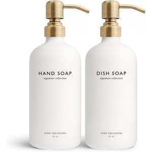 Vine Creations White Glass Soap Dispenser Set, Dish Soap and Hand Soap Dispenser Set with Stainless Steel Pump, 16 oz Glass Dispensers for Kitchen or Bathroom Decor (Matte White Bottle/Brushed Brass)