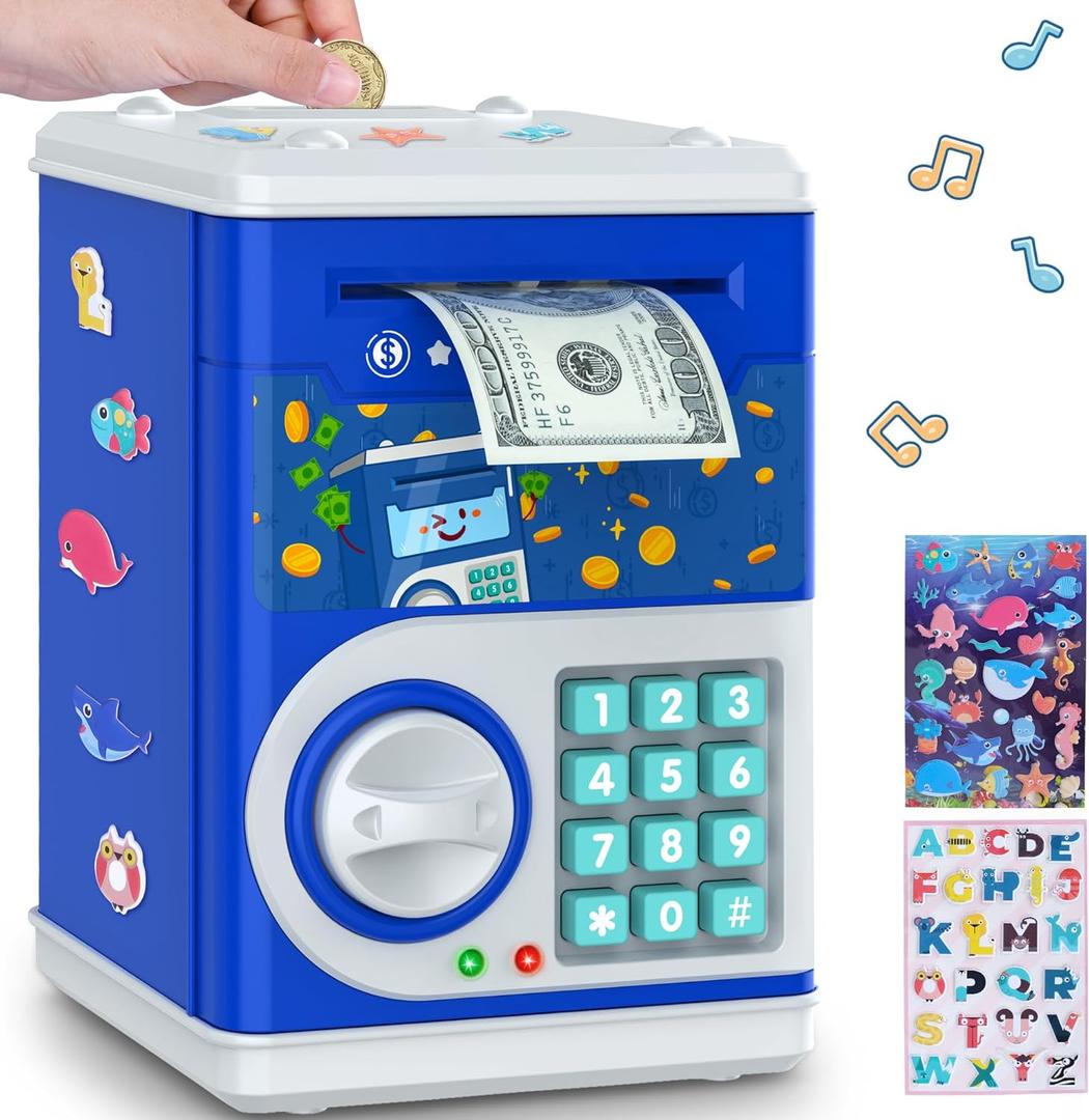 Dark Blue Piggy Bank for Kids with Password Code Lock and Auto Grab Bill Slot, PhilaeEC Real Money Cash Coin Can Saving Box Electronic Money Safe Bank, Hot Gift for 4 7 8 9 10 11 Year Old Boys Girls (Bark Blue)