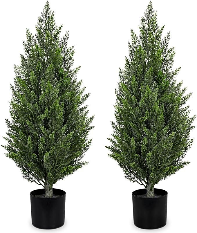 Briful 3FT Artificial Cedar Topiary Trees Set of 2, UV Resistant Faux Cypress Plants in Pot for Front Door Porch Entryway, Indoor Outdoor Decorative Greenery, Fake Shrubs for Home Patio Decor