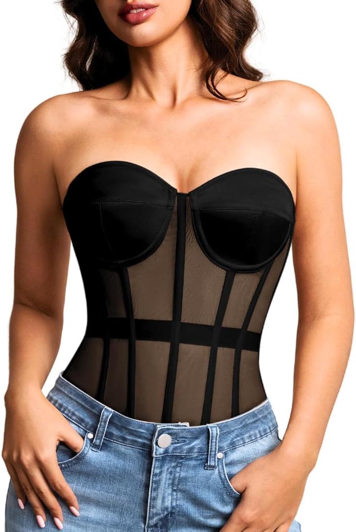 Kaei&Shi Sheer Mesh Overbust Corset,Sexy Strapless Lace Up Satin Bra Corsets Top For Women Shapewear (12, Black)