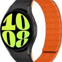 Amizee No Gap Bands Compatible with Samsung Galaxy Watch 7 6 5 4 FE Band 40mm 44mm/Watch 6 Classic 43mm /Watch 5 Pro 45mm/Watch 4 Classic, 20mm Magnetic Silicone Strap for Women Men, Black/Orange