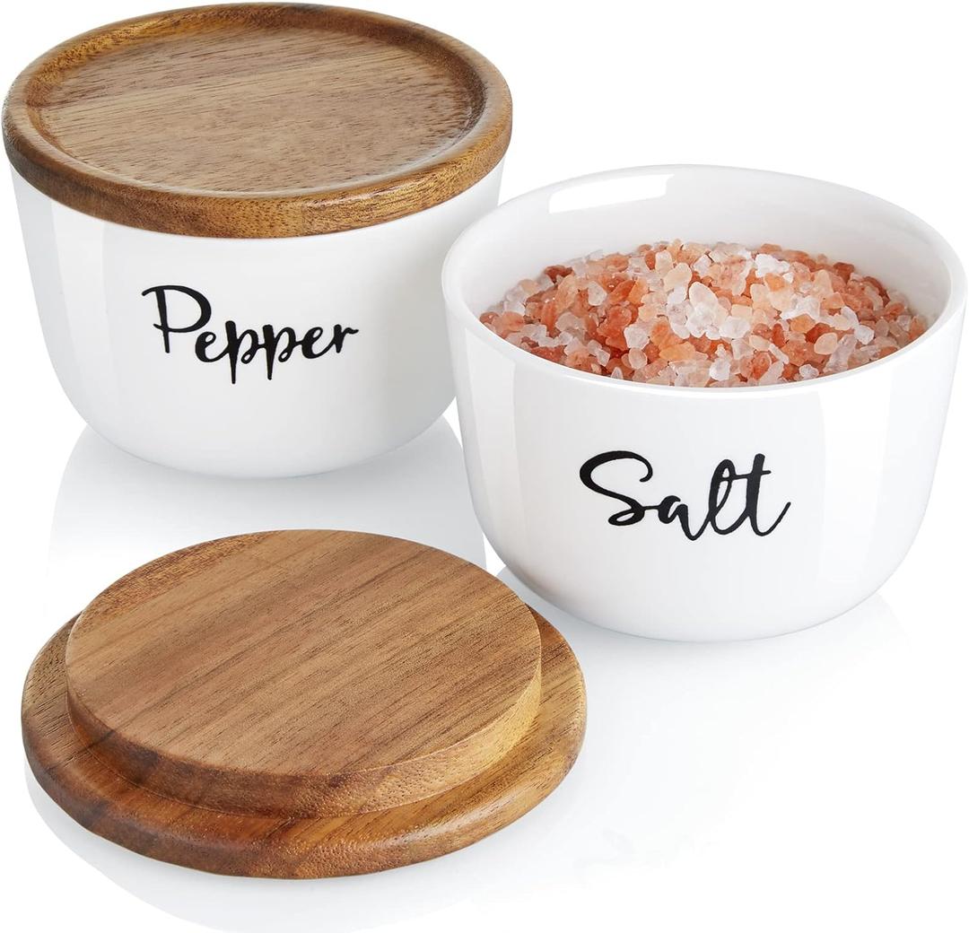 DAYYET Salt and Pepper Bowls, 10 oz Salt Cellar with Lid, Stacked Ceramic Salt Pepper Container with Acacia Wood Lid, Salt Box for Countertop, Modern Kitchen Decor, Set of 2, White