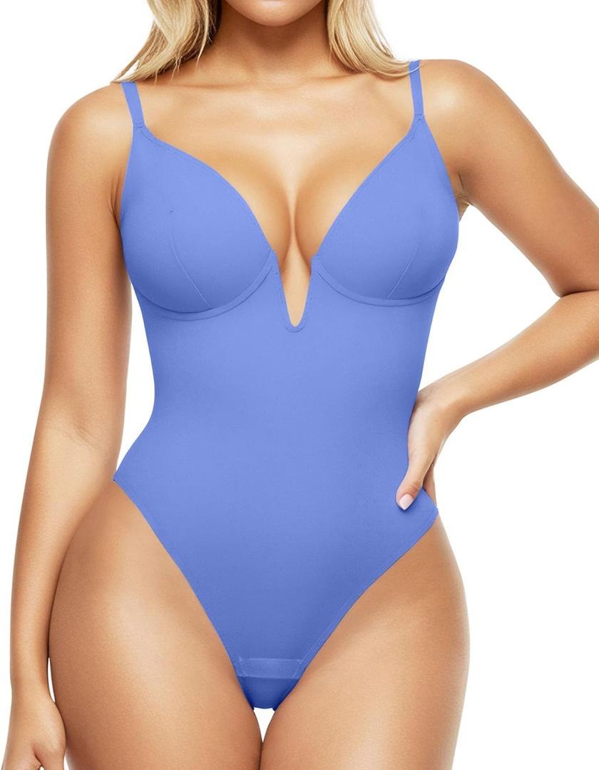 Popilush Shapewear Bodysuits for Women - Tummy Control Body Suits for Womens Deep V Corset Tops Thong Concert Outfits (M(4-6), Blue)