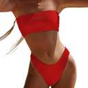 YIMISAN Women's Two Piece Bandeau Swimsuit Ribbed Strapless Tube Bikini Top with Mid Waist Cheeky Bottom Bathing Suit (Red) S