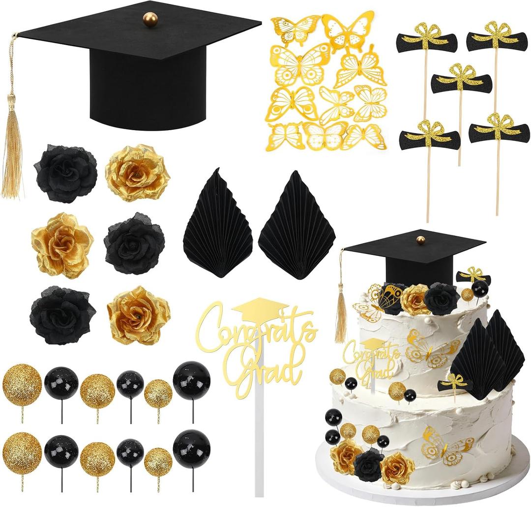 SANNIX 35 Piece Graduation Cake Decorations Kit, Class of 2026 Cupcake Topper Graduation Cap Flower Butterfly Decor for Gradation Party Supplies
