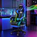 HOFFREE RGB Gaming Chair with Speakers Massage Computer Gaming Chair with LED Lights and Footrest High Back Video Game Chair for Adults Blue and Black