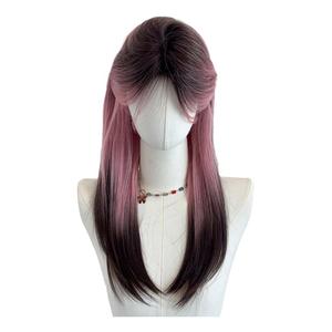 Pink Ombre Wig for Women Dark Roots Pink Brown Gradient Long Straight Hair with Curtain Bangs Synthetic Wig